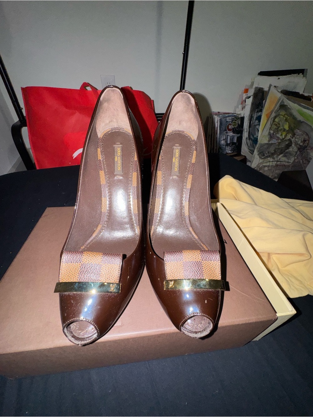 Louis Vuitton Brown Patent Leather High Heel Pumps with Bow Accent - Picture 3 of 9